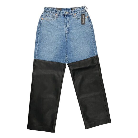 Blank NYC Jeans Womens 26 Blue Baxter Wide Leg Rib Cage Moto Faux Leather Biker - Picture 2 of 12